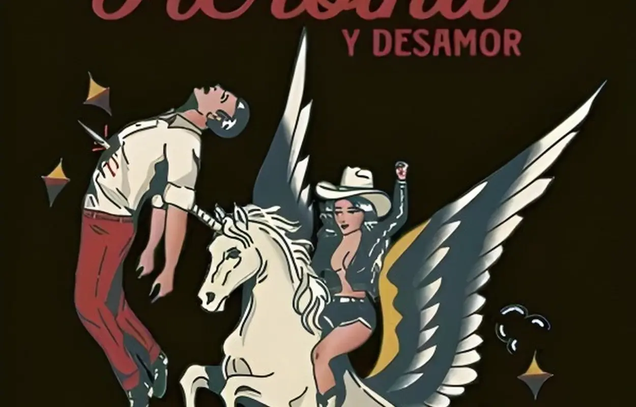 Portada de Memorias de heroína y desamor: un hombre flota junto a una vaquera montada en un pegaso blanco